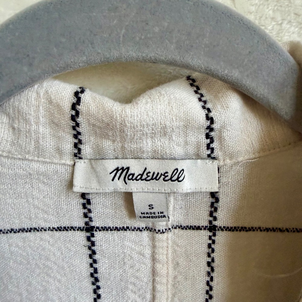 Madewell Linen Blend Resort Crop Shirt Windowpane Check Sz Small Ivory Black - Picture 2 of 4
